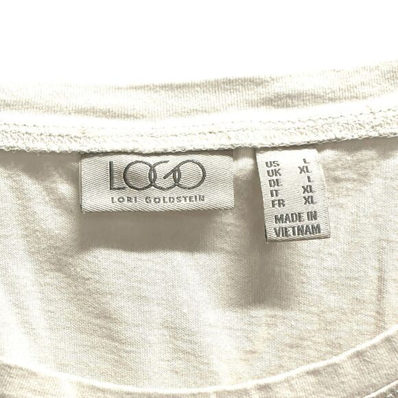 LOGO Lori Goldstein Women Top Cream Short Slv Knit Asymmetric Hem Flounce Large - Picture 4 of 8